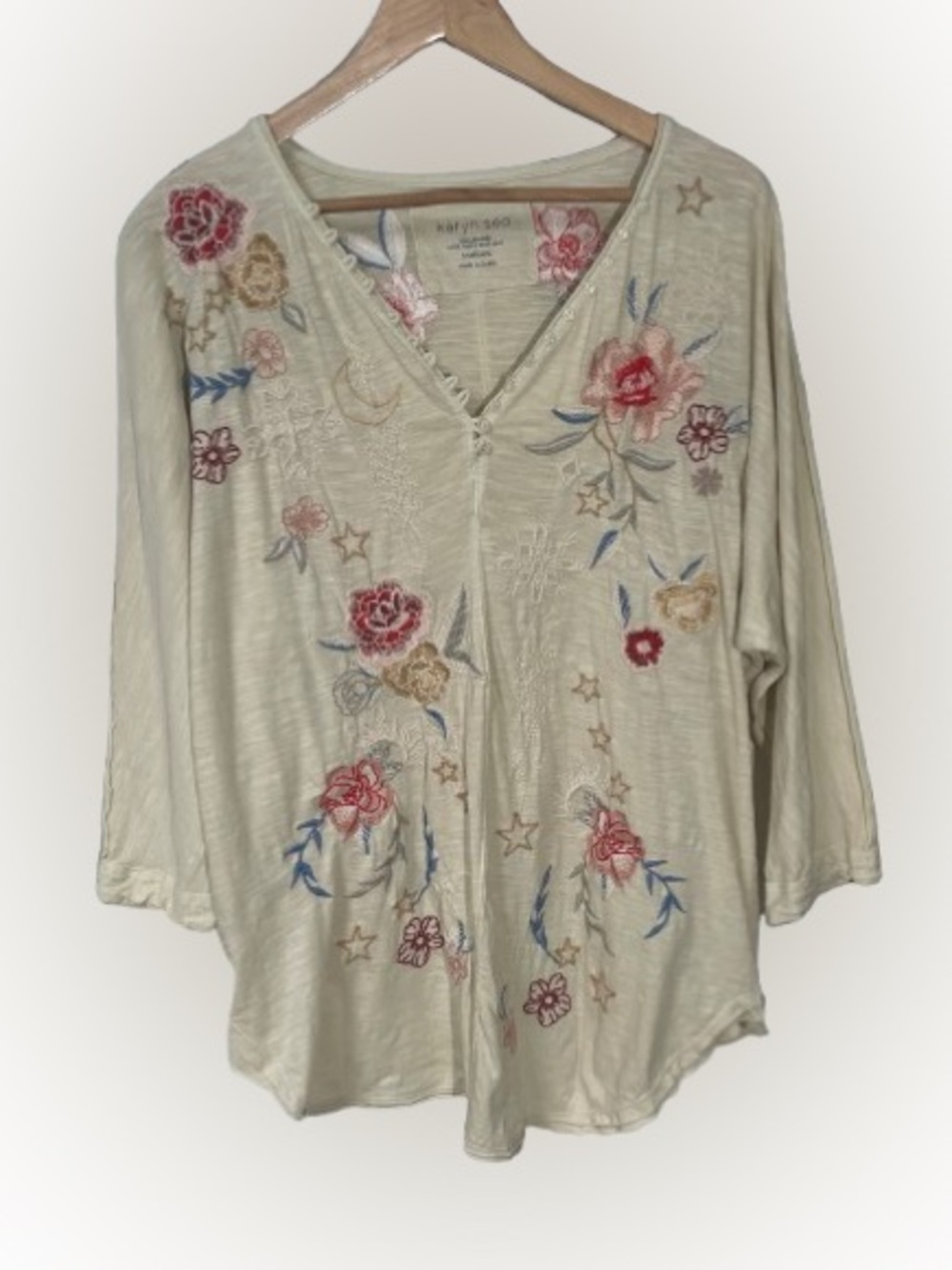 Karyn Seo Blouse Top Women's Medium Embroidered Button Beige Multicolor Boho